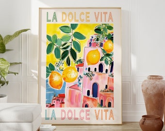 La Dolce Vita, Amalfi Coast Italy, Rolled Poster, Colorful Retro Art Painting,Italian Quote, Positano,Italy Travel Wall Art, Spritz Cocktail