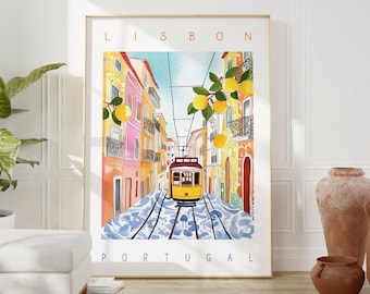 May include: A colorful illustration of a yellow tram traveling down a street lined with colorful buildings in Lisbon, Portugal. The text "LISBON" and "PORTUGAL" are at the top and bottom of the image.