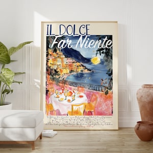 Dolce Far Niente Italien gemalt DIGITAL druckbare Kunst Retro bunte Nacht Amalfiküste Wandkunst, wunderliches Aquarell Reise Poster Geschenk