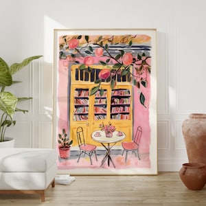 Arte de pared imprimible DIGITAL de la librería Pink Cafe, impresión de la librería, arte del libro, arte del ratón de biblioteca, nerd de los libros, regalo de arte de pared de librería caprichosa