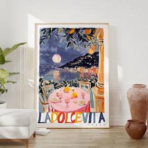 La Dolce Vita Italy Painted Rolled Poster Retro Colorful Night Amalfi Coast Wall Art Print, Whimsical Watercolor Travel Poster Gift, Italy