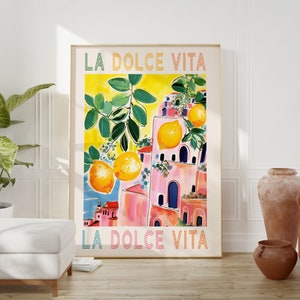 La Dolce Vita, Amalfiküste Italien, Rolled Poster, bunte Retro Kunst Malerei, italienisches Zitat, Positano, Italien Reise-Wand-Kunst, Spritz Cocktail
