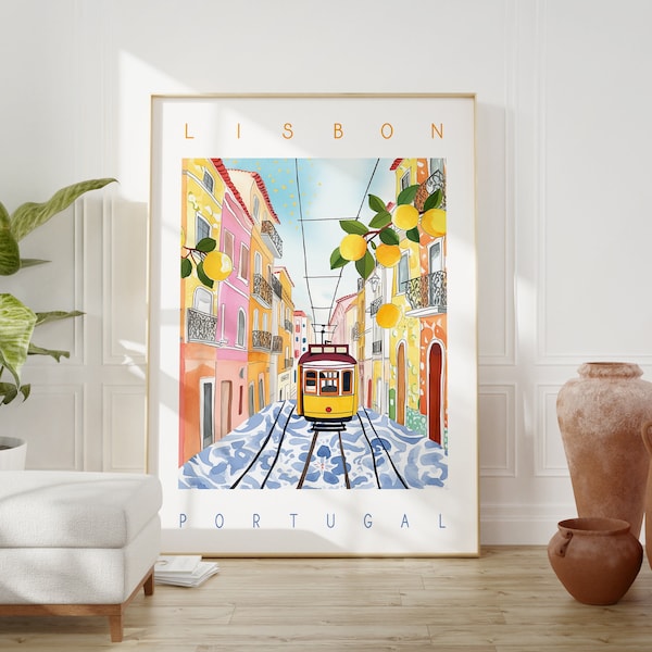 Lisbon Portugal Travel Printable DIGITAL Art, Lisbon Colorful Watercolor Poster, Lisboa Train Wall Art, Wall Decor, Birthday Gift, Azulejos