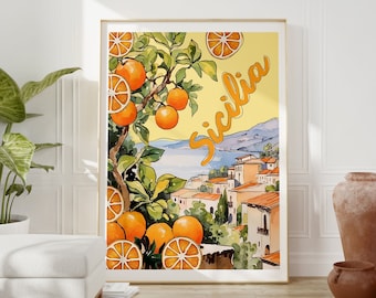 May include: A watercolor illustration of a Sicilian village with orange trees and the word "Sicilia" in a yellow background.