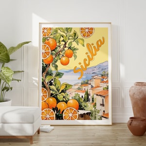 Sicily Italy Printable DIGITAL Art, Colorful Sicilia Art Painting, Retro Italian Oranges Art Print, Taormina Italy Travel Art, Home Decor