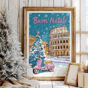 Pintura de Natal italiana retrô vintage Buon Natale, impressão digital de arte, Coliseu de Roma, presente de viagem de Natal rosa, presente de Natal italiano