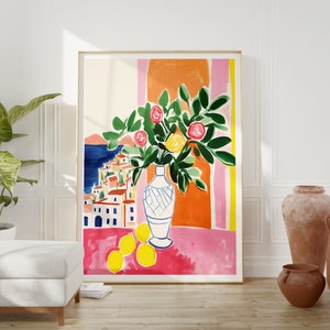 Capri Italy Bouquet of Flowers Printable DIGITAL Art, Floral Art Lemons, Colorful Watercolor Wall Decor, Art Gift, Girls Bedroom, Retro Art image 1