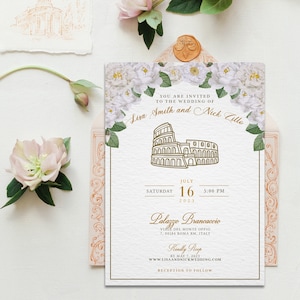 Diseño de invitación de boda del Coliseo de Roma italiana, invitación de boda personalizada, invitación de boda italiana, boda de Roma, invitación de boda del Coliseo