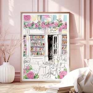 Pink Roses Cafe Bookshop Rolled Poster Wall Art, Hand Drawn Bookshop Print, Book Art, Bookworm Art,Whimsical Bookstore Wall Art Gift for Her