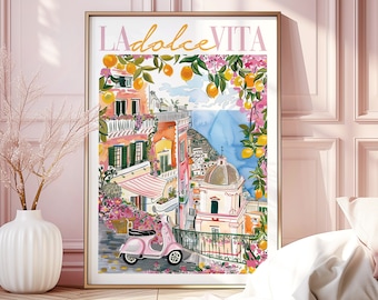 May include: A watercolour painting of a colourful Italian village with a pink scooter and the text "LA dolce VITA" in pink lettering.