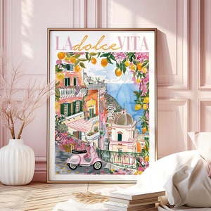 La Dolce Vita Amalfi Coast Italy Painted Printable DIGITAL Wall Art, Pink Watercolor Colorful Lemons & Flowers Positano Vista Art Gift Print