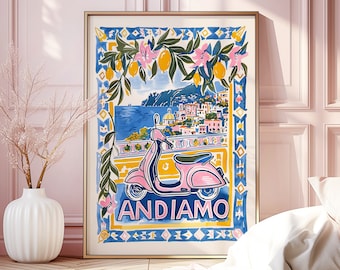Positano Italy Print: Pink Motorino, Lemons, Watercolor Travel Art (Digital Download)