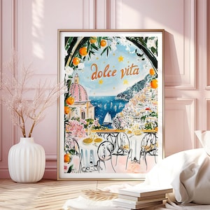 La Dolce Vita Italy Painted Printable DIGITAL Art,Retro Colorful Oranges Amalfi Coast Wall Art Print,Whimsical Watercolor Travel Poster Gift