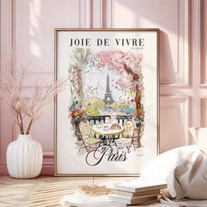 Joie de Vivre Paris France impression d'art mural dicton français, art numérique imprimable, peinture vue café tour Eiffel dessinée à la main, croissant au café