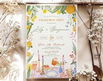 May include: A watercolor illustration of a lemon-themed engagement party invitation. The invitation features a table setting with candles, glasses, and a pitcher. The text reads "Please join us for an Engagement Party - Celebrating Lilly & Benjamin, Saturday, July 20, 6:00 PM, 20XX, Dolce Vita Ristorante, 18 Albero Rd, Dolce Ontario, Canada, L9V MAK, Kindly RSVP by July 1st to Luna | 111-111-1111".