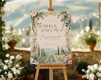 Puede incluir: Un cartel de bienvenida para la fiesta de compromiso de Olivia y Anthony, con una ilustración de acuarela de un paisaje toscano con olivos, limones y flores. El texto dice "Bienvenido a Olivia & Anthony's Engagement Party, Sábado, 11 de mayo de 2024".
