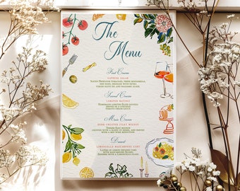 Funky Italian Style Printable Dinner Menu, Italy Themed Menu, Drawn Spritz and Pasta Food Menu, Engagement & Wedding Party, Birthday, Trendy