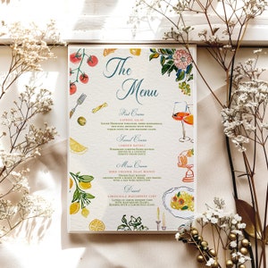 Funky italienisches Abendmenu zum ausdrucken, Italien Themen-Menü, gezeichnetes Spritz und Pasta-Speisekarte, Verlobungs- & Hochzeitsfeier, Geburtstag, Trendy