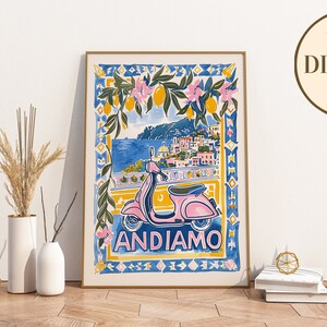 May include: A digital print featuring a pink scooter with the word "ANDIAMO" in yellow letters. The scooter is in front of a colorful illustration of a seaside town with a blue ocean and a lemon tree.