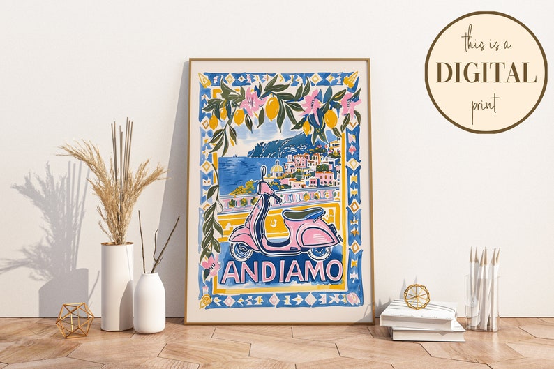 May include: A digital print featuring a pink scooter with the word "ANDIAMO" in yellow letters. The scooter is in front of a colorful illustration of a seaside town with a blue ocean and a lemon tree.