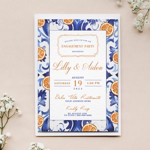 Italian Blue & White Majolica Tile Engagement Party Invite, Trendy Oranges Italian Theme Invite, Retro Hand Drawn Invite, Bridal Shower image 4