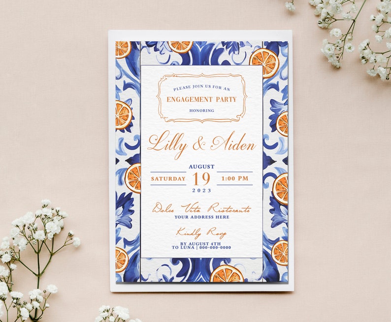 Italian Blue & White Majolica Tile Engagement Party Invite, Trendy Oranges Italian Theme Invite, Retro Hand Drawn Invite, Bridal Shower image 4
