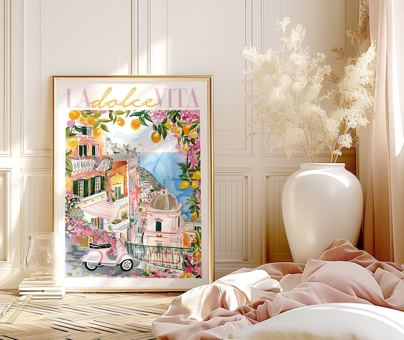 Amalfi Coast Watercolor Art Print: Retro Pink Motorino, Lemons (Rolled Poster)