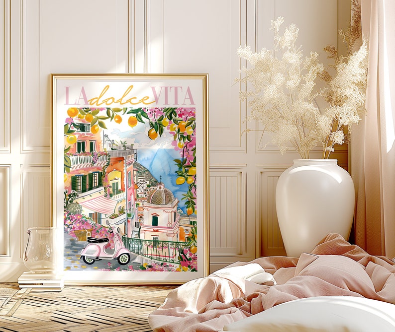アマルフィ海岸の水彩画アートプリント：レトロピンクのモトリーノ、レモン（ロールポスター） 画像 1