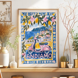 May include: A vintage-style illustration of a pink scooter with the words "Andiamo" printed below. The scooter is set against a backdrop of a colorful cityscape with a lush green tree and blue water in the background.