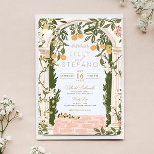 Italian Citrus and Arch Wedding Invitation Design, Custom Italy Wedding Invite, Oranges Garden Italian Engagement Party Invite,Bridal Shower