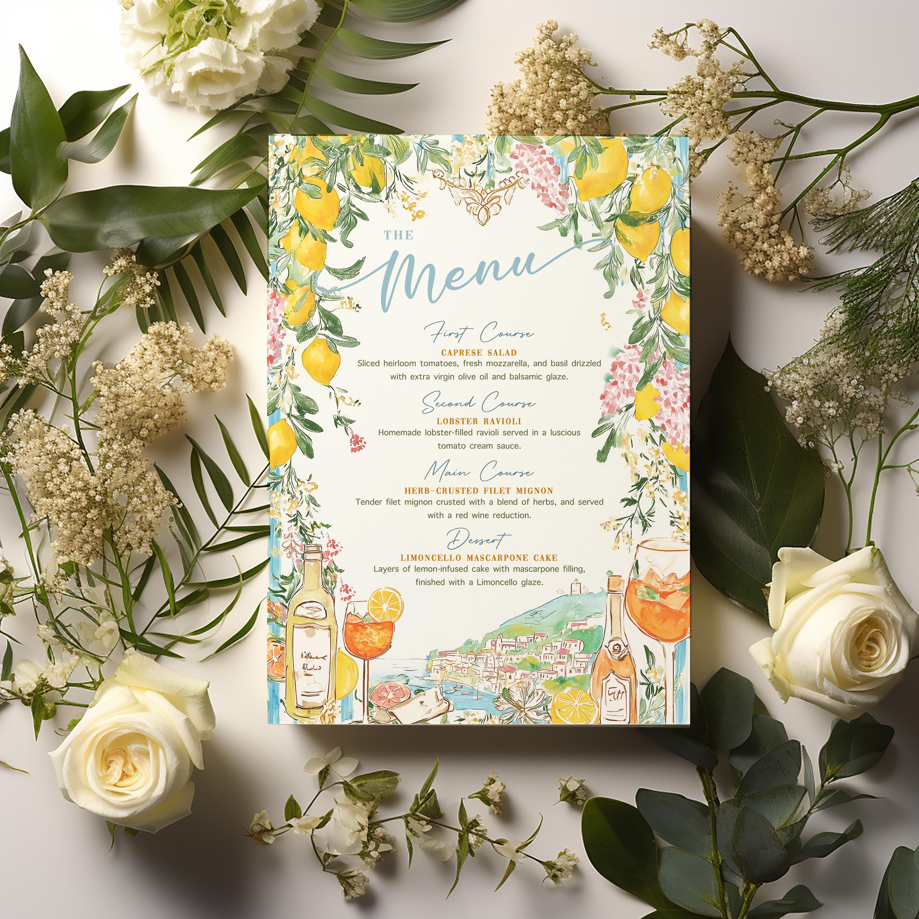 Prom Menu Italian Italian Dinner Party Printable Menu: Trendy Spritz & Lemon Amalfi Coast ...