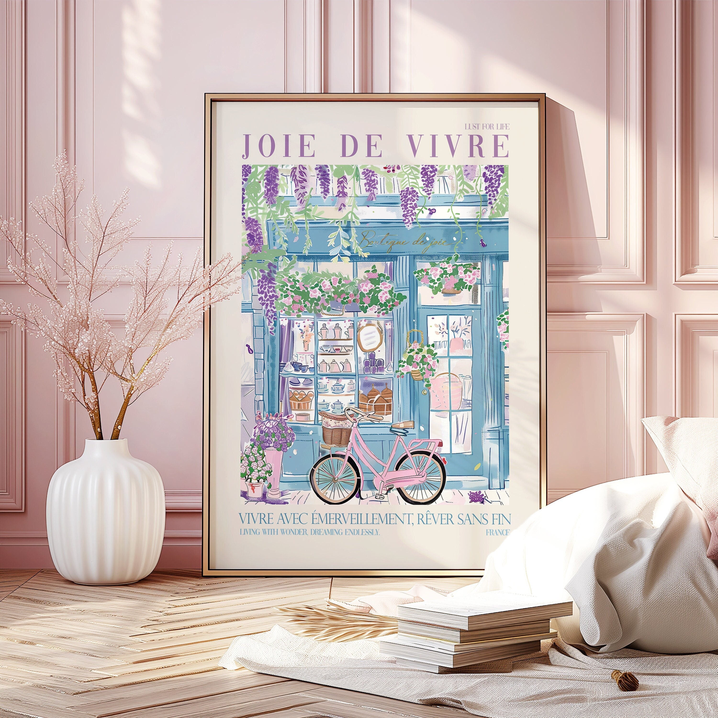 Joie de Vivre French Saying Wall Art Print, Printable DIGITAL Art, Hand Drawn Girly Lust for Life Painting, Flowers Pink Bike Storefront Art