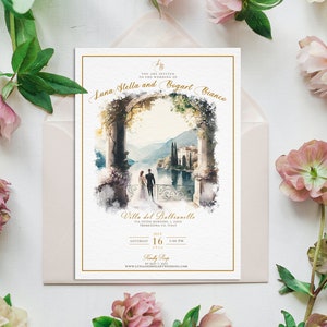Convite de casamento em aquarela Lago Como, convite de casamento italiano, Itália Save the Date, convite de casamento de destino, convite para villa italiana