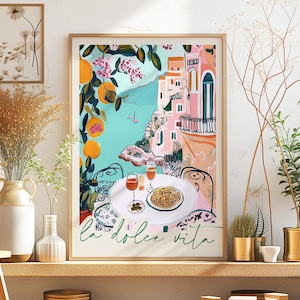 La Dolce Vita Italy Painted Rolled Poster Retro Colorful Oranges, Amalfi Coast Wall Art Print, Whimsical Watercolor Travel Poster Gift