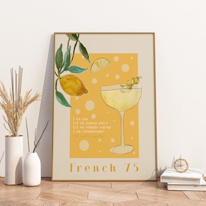 French 75 Cocktail Druck, digitale Kunst Download, Zitronen-Cocktail-Getränk, druckbare Kunst, Cocktailkunst, Getränkedruck, Gin Print, Küchenkunst
