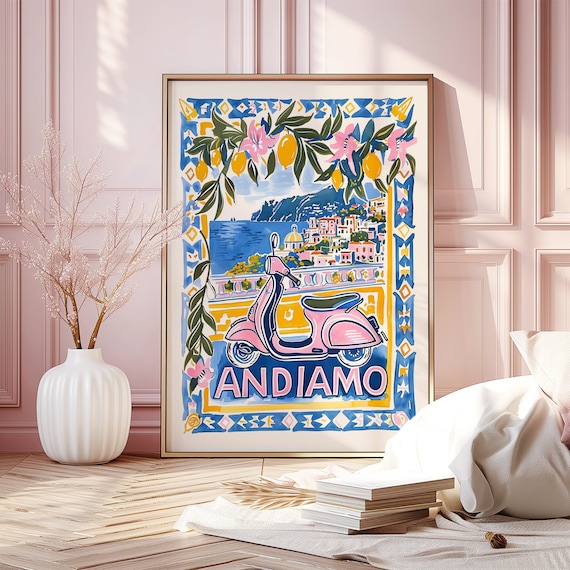 Positano Italy Print: Pink Motorino, Lemons, Watercolor Travel Art (Digital Download)