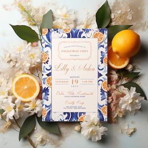 Italian Blue & White Majolica Tile Engagement Party Invite, Trendy Oranges Italian Theme Invite, Retro Hand Drawn Invite, Bridal Shower image 3