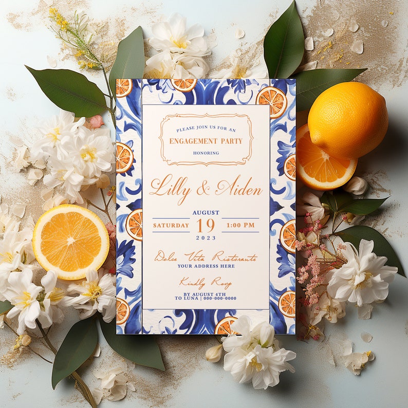 Italian Blue & White Majolica Tile Engagement Party Invite, Trendy Oranges Italian Theme Invite, Retro Hand Drawn Invite, Bridal Shower image 3
