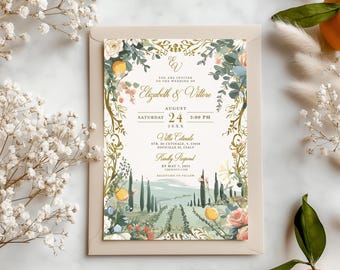 Puede incluir: Una tarjeta de invitación de boda rectangular con una ilustración de un viñedo con cipreses, limones y detalles florales. El texto incluye los nombres Elizabeth & Vittore, la fecha 24 de agosto y la ubicación Villa Cetinale.