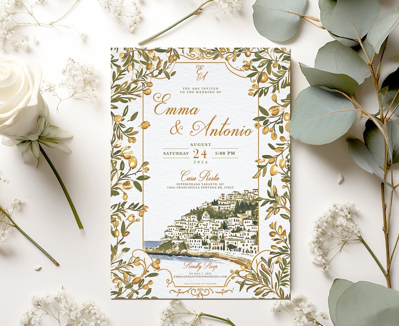 Vintage Puglia Italy Wedding Invitation Design, Italian Wedding