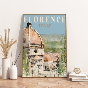Florencja Włochy Sztuka ścienna, Katedra we Florencji Włochy, Vintage akwarelowy wydruk cyfrowy, Włochy Sztuka ścienna, Włochy Plakat podróżniczy, Plakat artystyczny, Toskania