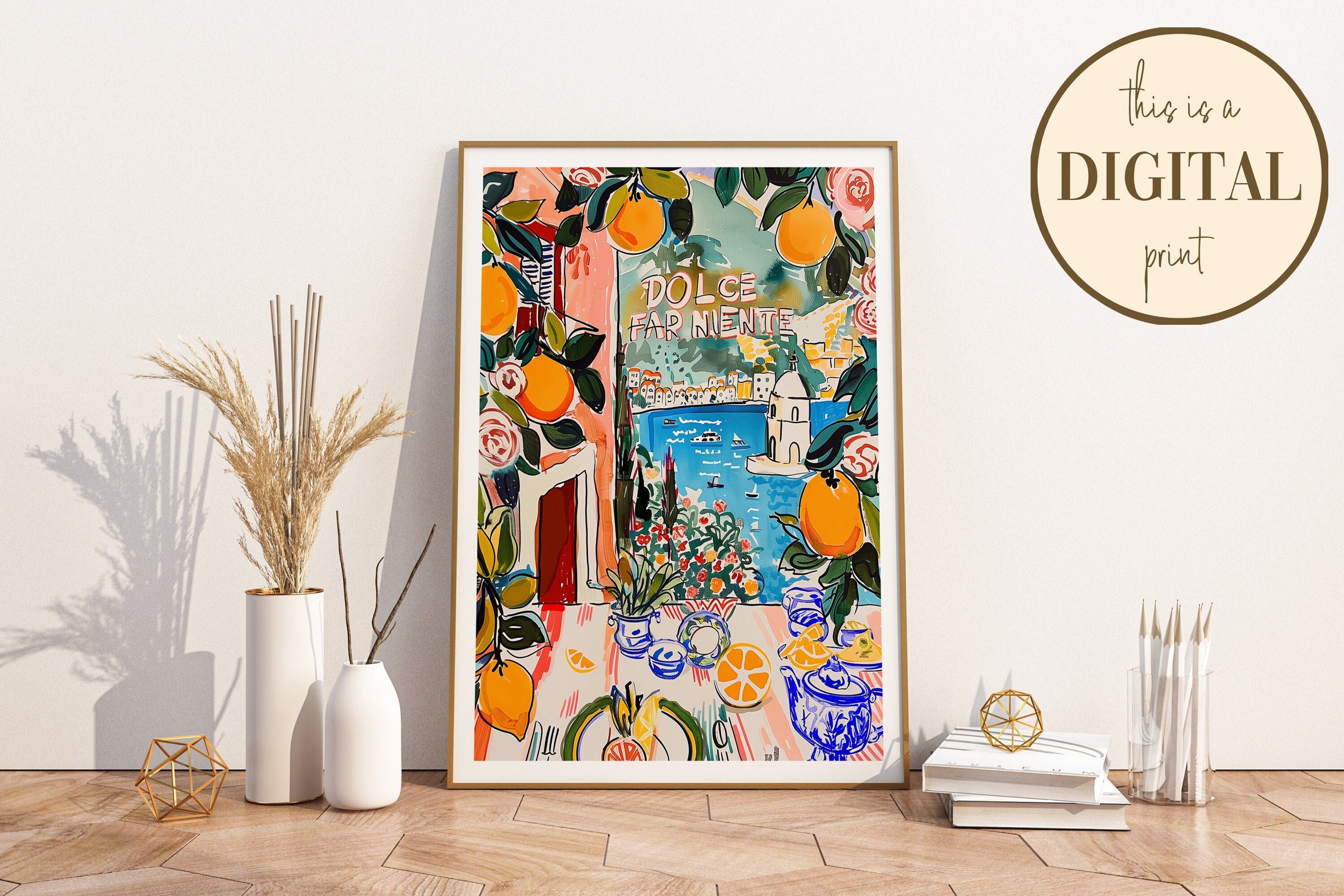 Retro Dolce Far Niente Printable DIGITAL Art, Italy Amalfi Coast Wall Art Painting, Italian Coffee Art Print, Trendy Painted Home Decor Gift