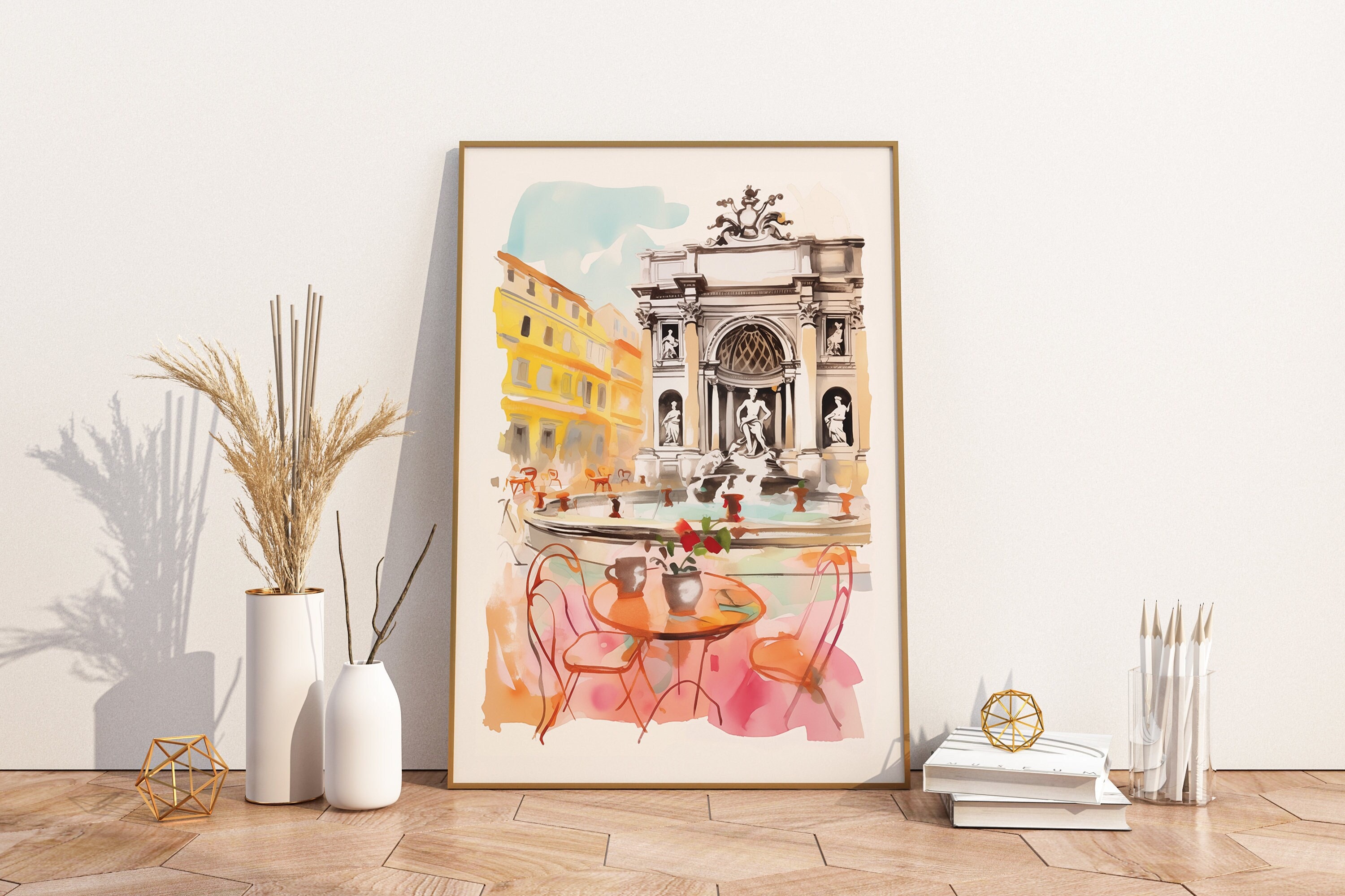 トレヴィの泉の水彩画：ローマ イタリア 旅のアート（デジタル