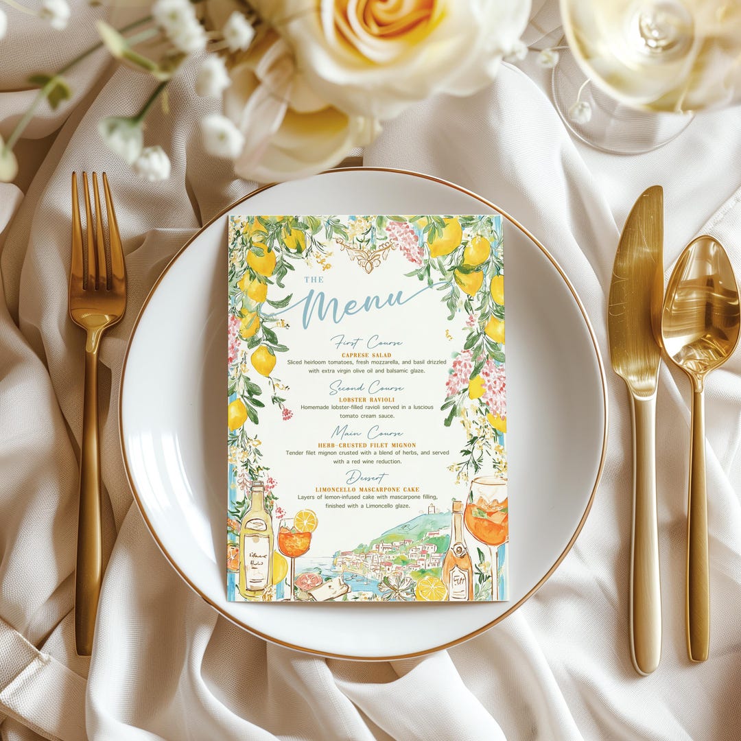 Prom Menu Italian Italian Dinner Party Printable Menu: Trendy Spritz & Lemon Amalfi Coast ...