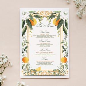 Classy Italian-Inspired Printable Menu – Hand-Painted Oranges, Florals & Greenery Wedding Dinner Menu, Engagement, Birthday, Event Template