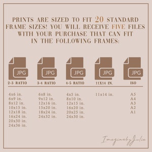 May include: A graphic showing 20 standard frame sizes for digital prints. The graphic shows five different aspect ratios: 2:3, 3:4, 4:5, 11x14 inches, and ISO. Each aspect ratio is represented by a brown rectangle with the text "JPG" and the aspect ratio label. The graphic also lists the corresponding frame sizes in inches for each aspect ratio.