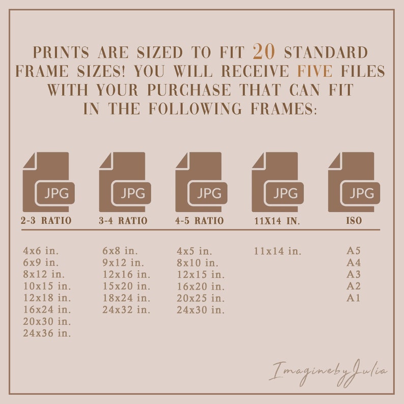 May include: A graphic showing 20 standard frame sizes for digital prints. The graphic shows five different aspect ratios: 2:3, 3:4, 4:5, 11x14 inches, and ISO. Each aspect ratio is represented by a brown rectangle with the text "JPG" and the aspect ratio label. The graphic also lists the corresponding frame sizes in inches for each aspect ratio.