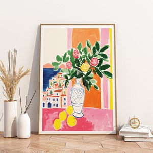 Capri Italy Bouquet of Flowers Printable DIGITAL Art, Floral Art Lemons, Colorful Watercolor Wall Decor, Art Gift, Girls Bedroom, Retro Art image 4