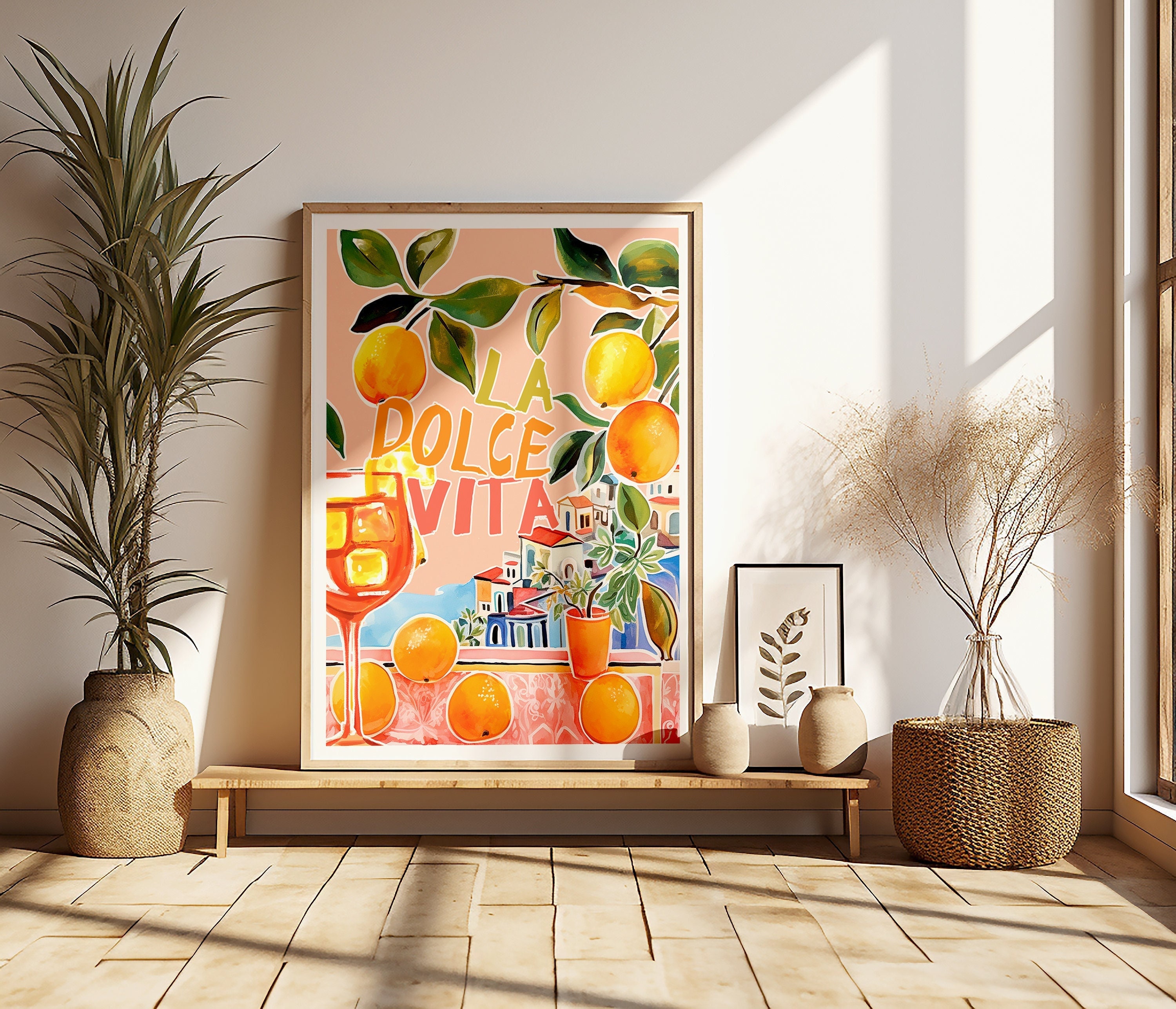 La Dolce Vita Italy Painted Printable DIGITAL Art, Retro Colorful Italian Oranges Wall Art Print, Whimsical Watercolor Travel Poster Gift
