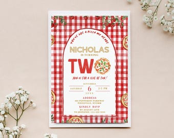 Invitación de cumpleaños con pizza en acuarela: cuadros rojos, inspiración italiana (diseño personalizado imprimible digitalmente, 13 x 18 cm)